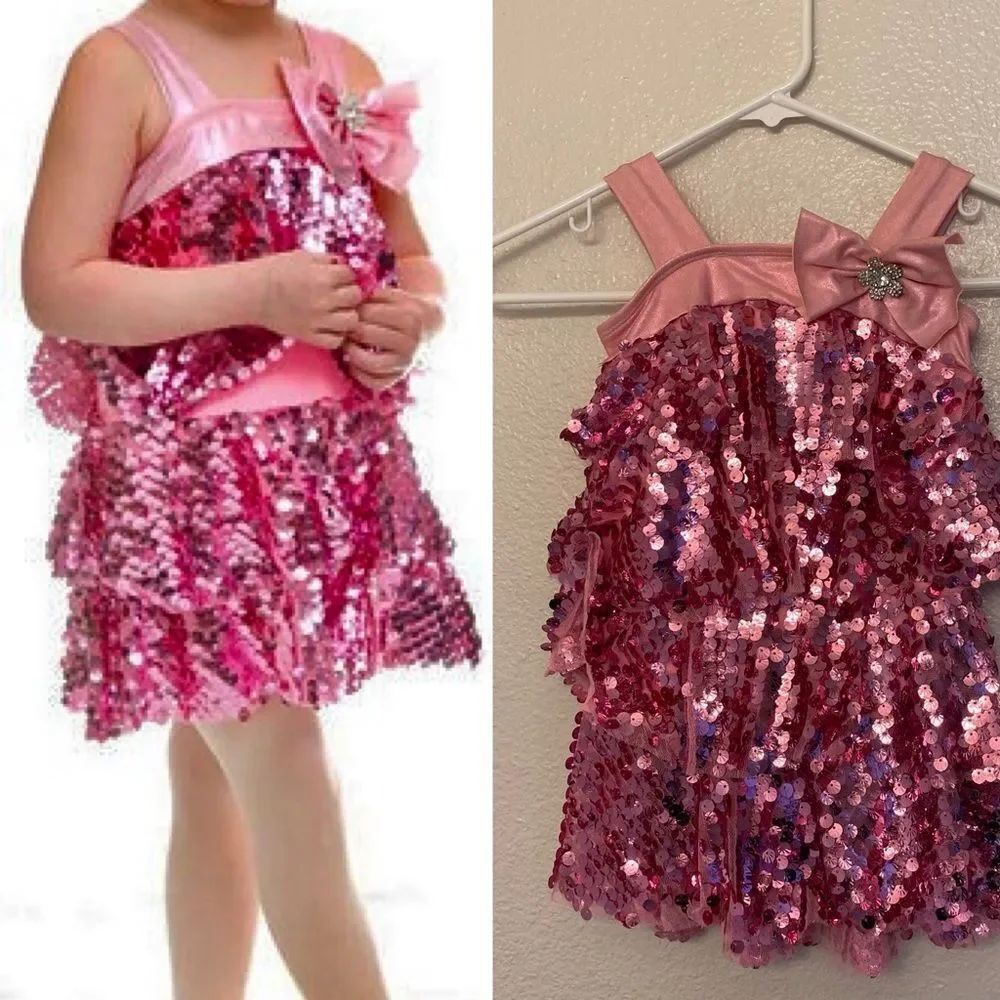 Curtain Call Dance Costume tap jazz ballet pink sequin tiered dress brooch 6-7